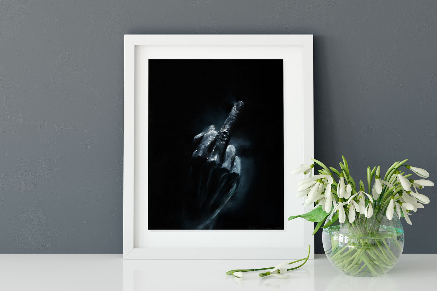 Original Painting, Hand-Painted Oil Painting of Middle Finger, Wall Art, Black and White Art,